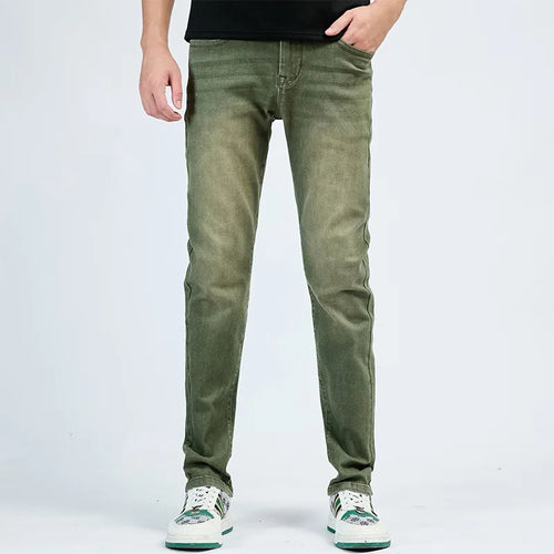 2025 Autumn New Men's Slim Elastic Jeans Fashion Korean Small Straight Pencil Pants Soft Comfortable Casual Green Denim Pants